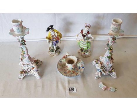 2 GEORGIAN STYLE FIGURES, CANDLESTICK HOLDER & 2 VASES, SOME WITH DAMAGE