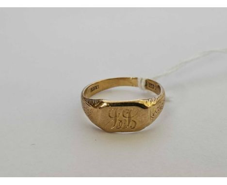 9ct GENTS SIGNET RING, SIZE 'Q' WITH INITIALS, 4g