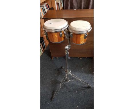 PAIR OF BONGO DRUMS WITH STAND