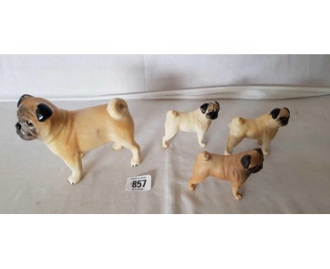 SHELF WITH 3 BESWICK PUG DOGS & A LARGE ONE BY SYLVAC