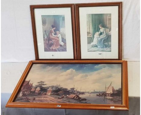 LARGE FRAMED PRINT CALLED 'ALONG THE RIVERSIDE' & 2 F/G PRINTS OF MOTHER WITH THEIR DAUGHTER