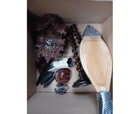 2 CARTONS WITH CUCKOO CLOCK, WOOD TWIST CANDLESTICKS, FISH BOARD, PLATES, VASES, SKINS & OTHER CHINAWARE