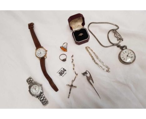 SMALL TUB OF MISC SILVER ITEMS, POCKET WATCH, AN ADIDAS STAINLESS WRIST WATCH & A SMALL SILVER RING