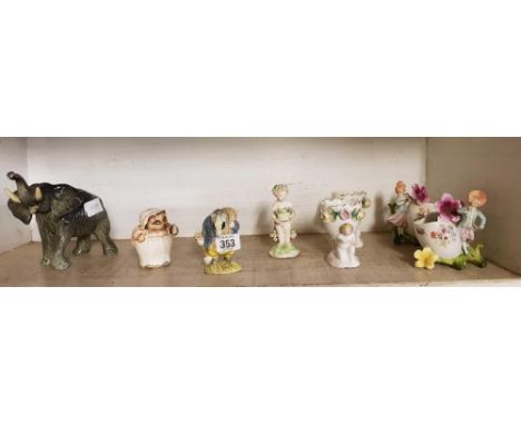 SHELF OF BEATRIX POTTER BESWICK FIGURES, TOMMY BROCK & MRS TIGGY WINKLE & OTHER CHINAWARE