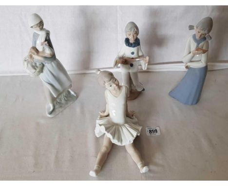 SHELF WITH LLADRO FIGURE OF A WOMAN WITH A CHICKEN, A NAO BALLET DANCE & 2 OTHERS