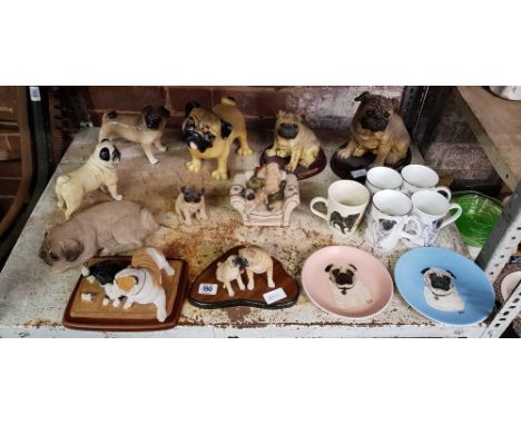 SHELF OF PUG RELATED FIGURES, MUGS & 2 PLATES