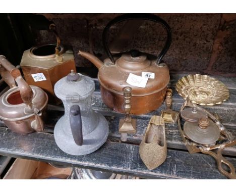 SHELF WITH QTY OF COPPER, BRASS & PEWTER