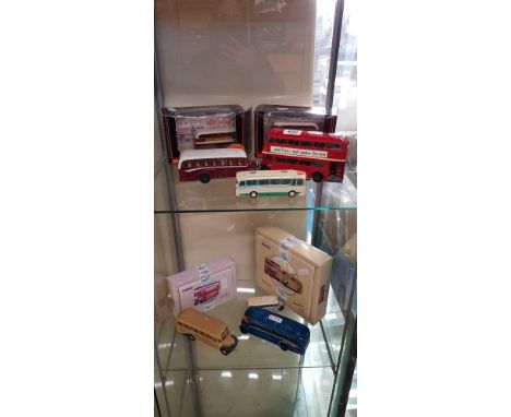 2 SHELVES F MISC BUSES BY CORGI, SOLIDO & OTHERS