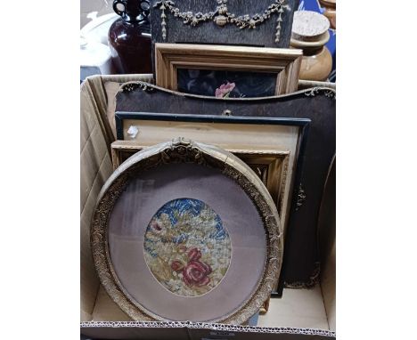 2 CARTONS OF MISC WOOD FRAMED PICTURES, MIRROR & VICTORIAN TAPESTRY IN OVAL FRAME