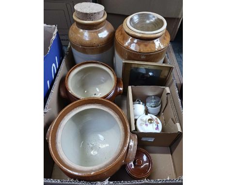 CARTON WITH FRAMED PRINT BY G F WATTS TITLED 'HOPE', A ROYAL WORCESTER JAM POT & 2 EGG CODDLERS, 2 EARTHENWARE STEW POTS & 2 