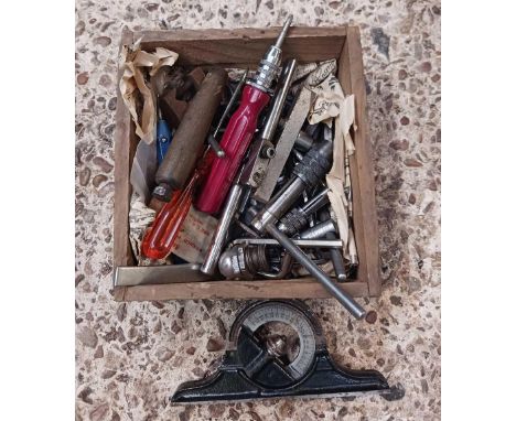 SMALL WOOD CARTON OF MISC HAND TOOLS, FEELER GAUGES, ALLEN KEYS