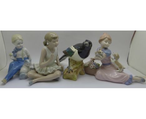 A Nao, Nadal and one other figure and a Beswick magpie 