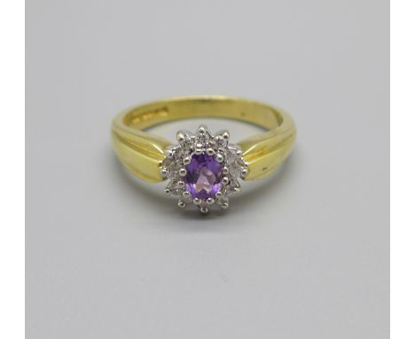 An 18ct gold, amethyst and diamond ring, 4.8g, P 