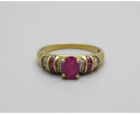 A 9ct gold, ruby and diamond ring, 1.9g, N 