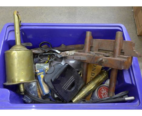 An antique salter's brass roasting spit, a brass Turkish coffee grinder and assorted tools, etc.**PLEASE NOTE THIS LOT IS NOT