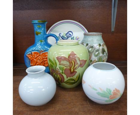 A Denby vase, a Poole plate, Carlton Ware vase, West German vase, etc. (6) 