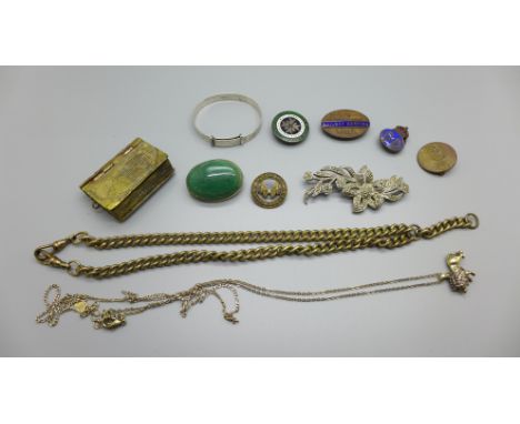 A child's silver bangle, badges, Albert chain, scarab beetle brooch, vesta, a/f, two necklaces and a brooch, one chain lackin