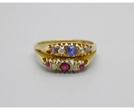 An antique 18ct gold, sapphire, ruby and diamond 'double' ring, Chester hallmark, 3.9g, O 