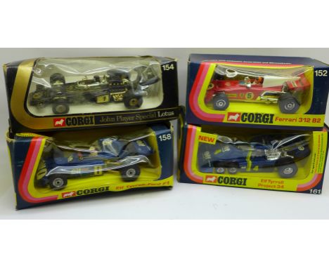 Four Corgi Toys die-cast Formula 1 racing cars in original boxes, circa 1970's 