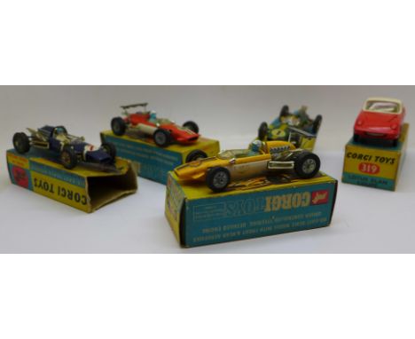 Five Corgi Toys die-cast Formula 1 cars and sports cars, in original boxes, circa 1970's 