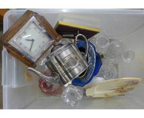 A plated teapot, Bentima clock, two framed drawings, glass and crystal decanters, other glass and china**PLEASE NOTE THIS LOT