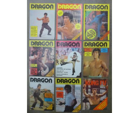 Vintage Kung-Fu magazines, 7x Dragon, Kung-Fu and two in Chinese language, featuring Bruce Lee, Jhoon Rhee, Chuck Norris, etc