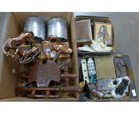 A carved wooden book slide, carving set, a pair of alloy planters, model vehicles including Corgi, boxes, etc.**PLEASE NOTE T