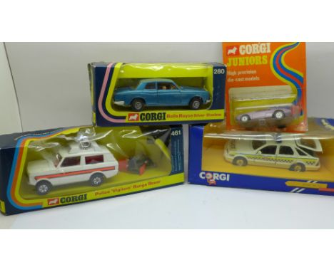 Four Corgi Toys die-cast model vehicles, including Rolls Royce Silver Shadow, in original boxes 