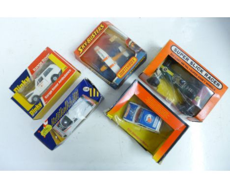 Five die-cast model vehicles, Matchbox Skybusters, Super Slick Racer, Dinky, Corgi (2), all boxed 