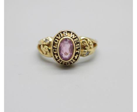 A yellow metal, amethyst and white stone ring, hallmark worn, 4.4g, M 