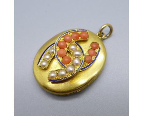 A c1900 locket set with seed pearls and coral, tests as 15ct gold, some blue enamel a/f, 17.3g, width 26mm 