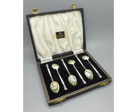 A cased set of six silver and enamel coffee spoons, Birmingham 1955 