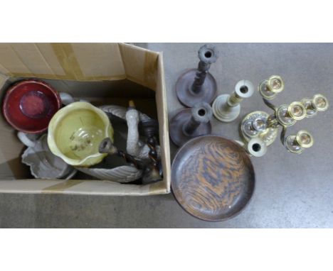 A collection of candlesticks including wooden twist and brass, a wooden bowl on stand, two vases and three ceramic swans**PLE