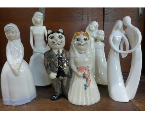 Two Royal Worcester Moments figures, two other figures and a figure of newlywed cats 