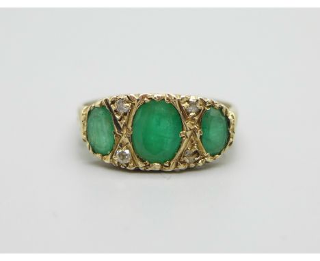 A 9ct gold, emerald and diamond ring, 2.2g, P 