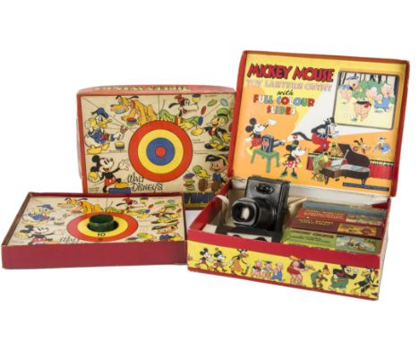 Mickey Mouse toys: Mickey Mouse Toy Lantern Outfit with tinplate battery-operated lantern and four sets of boxed glass slides