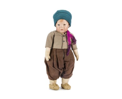 A fine Käthe Kruse boy Doll No.1, with painted cloth head, blue eyes, blonde hair, cloth body, hinged arms and jointed hips, 