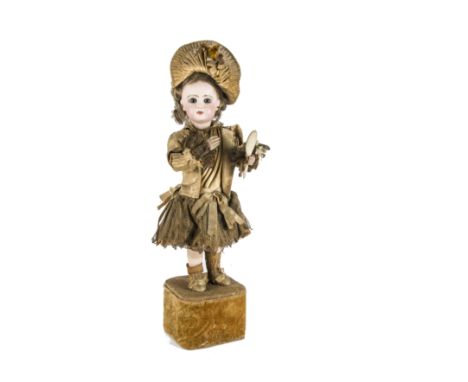 A Lambert automaton with Jumeau head, with fixed blue eyes, closed mouth, light brown brows, pierced ears, blonde mohair wig,