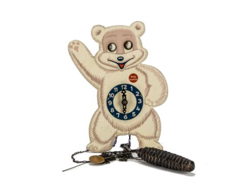 An unusual ‘Teddy Snow Crop’ wooden teddy bear clock, a transferred design on plywood with moving eyes and weight driven mech
