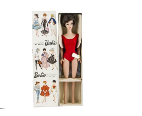 A Mattel Bubble-cut Barbie doll, with brunette hair, red costume, wrist tag, stand and catalogue, in original box 1960s (slig