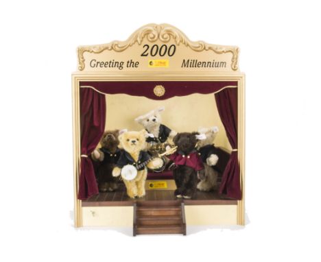 A Steiff Limited Edition Millennium Band, five teddy bears on a wooden stage, 688 of 2000, in original box with certificate, 