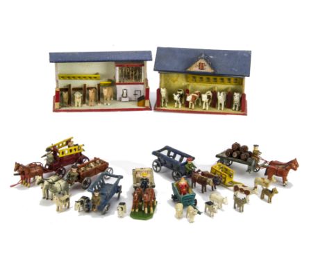 An Erzgebirge farm and carriages: two stables, one with pig pen with chicken coup above, both with paper label ‘110’ -4¼in. (