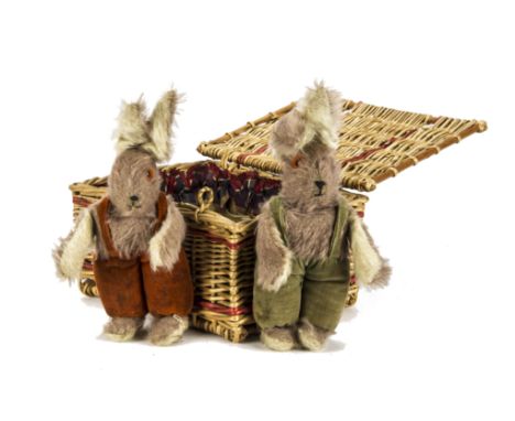 A pair of Norah Wellings small Rabbits 1930s, both with brown mohair plush with white mohair ear linings, soles of feet and i