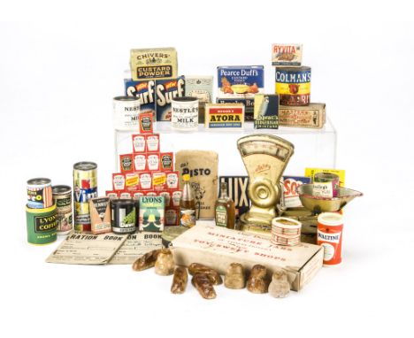 Toy shop food and other items: a tinplate Fortner Anfos scales painted gold, red and cream -5¾in. (14.5cm.) high; a boxed ‘On