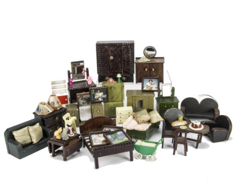 A large quantity of dolls’ house furniture: an amusing group of mainly homemade larger scale pieces, probably around 2nd worl