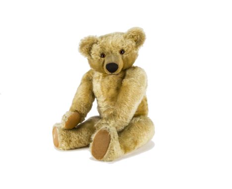 A large 1930s Chad Valley teddy bear, with golden mohair, orange and black glass eyes, pronounced clipped muzzle with large b