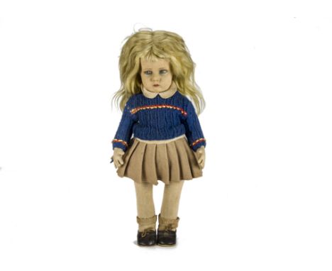A Lenci 300 series pressed felt girl doll, with painted sad expression, blonde mohair, swivel head, jointed limbs, felt skirt