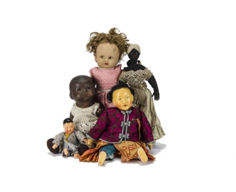 Various dolls: a Chad Valley girl doll with felt face, pink dress and labels on feet -13¼in. (34cm.) high; a hand stitched bl