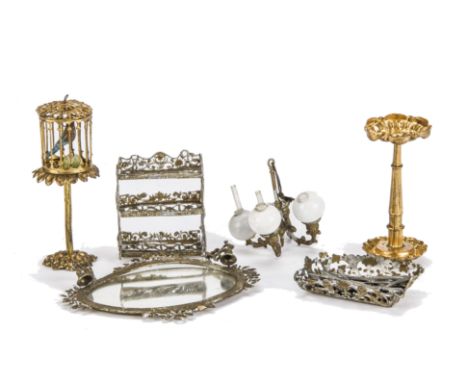 German metal dolls’ house chattels: gilt metal - birdcage on stand -4in. (10cm.) high (replaced bird and top loose) and oil l