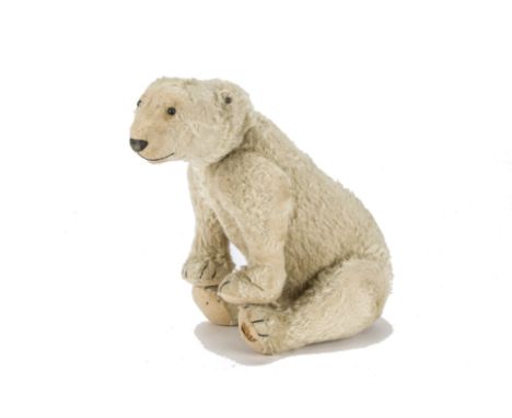 A rare Steiff polar bear circa 1910, with white mohair, black boot button eyes, black stitched nose, mouth and claws, ball-jo